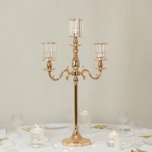 3-Arm Gold Metal Candelabra with Crystal Pendant Glass Shades – 34" Tall Candle Holder for Pillar, LED, and Flameless Candles